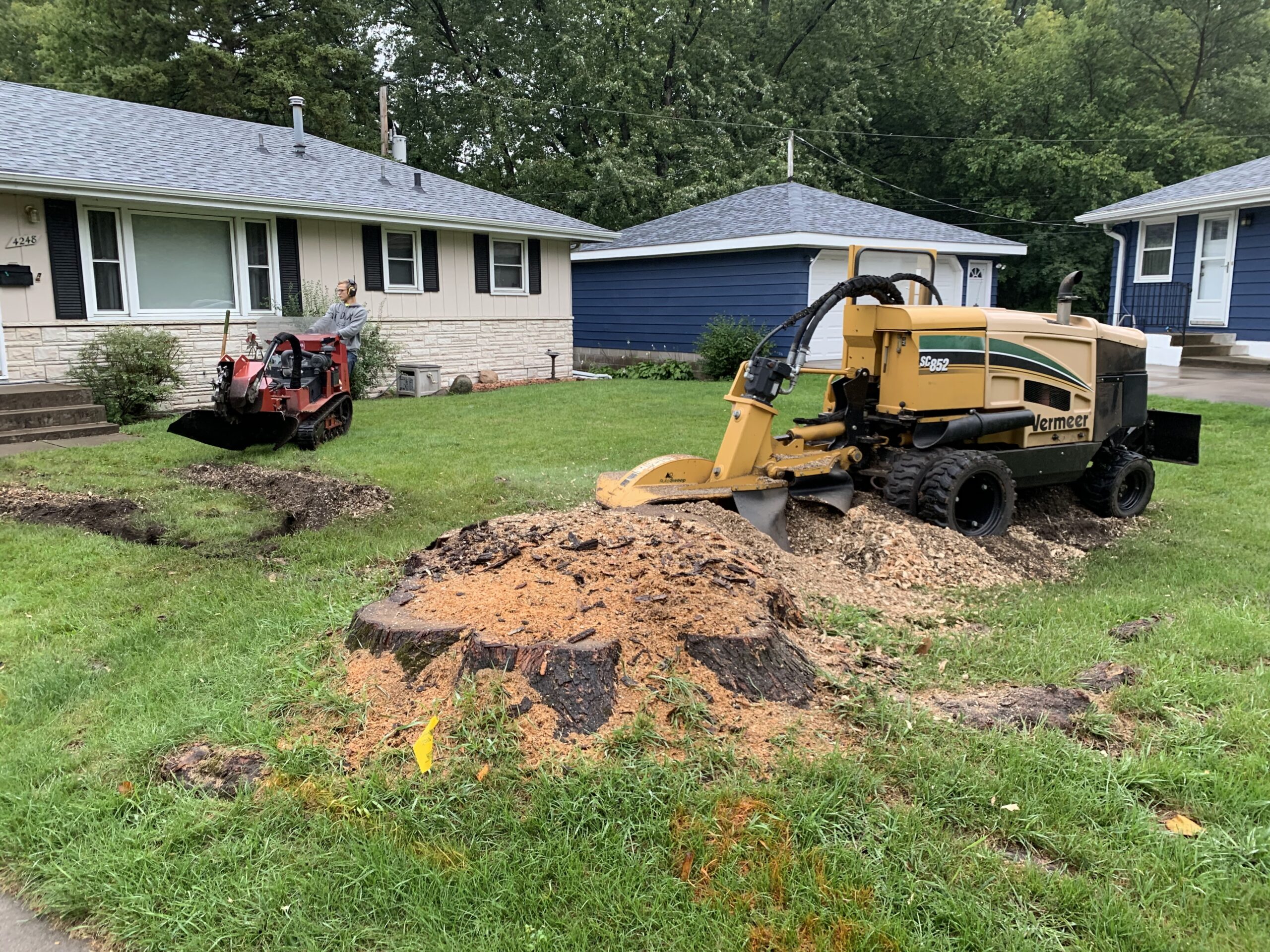 large machine grinding down a tree stump in yard - stump grinding business